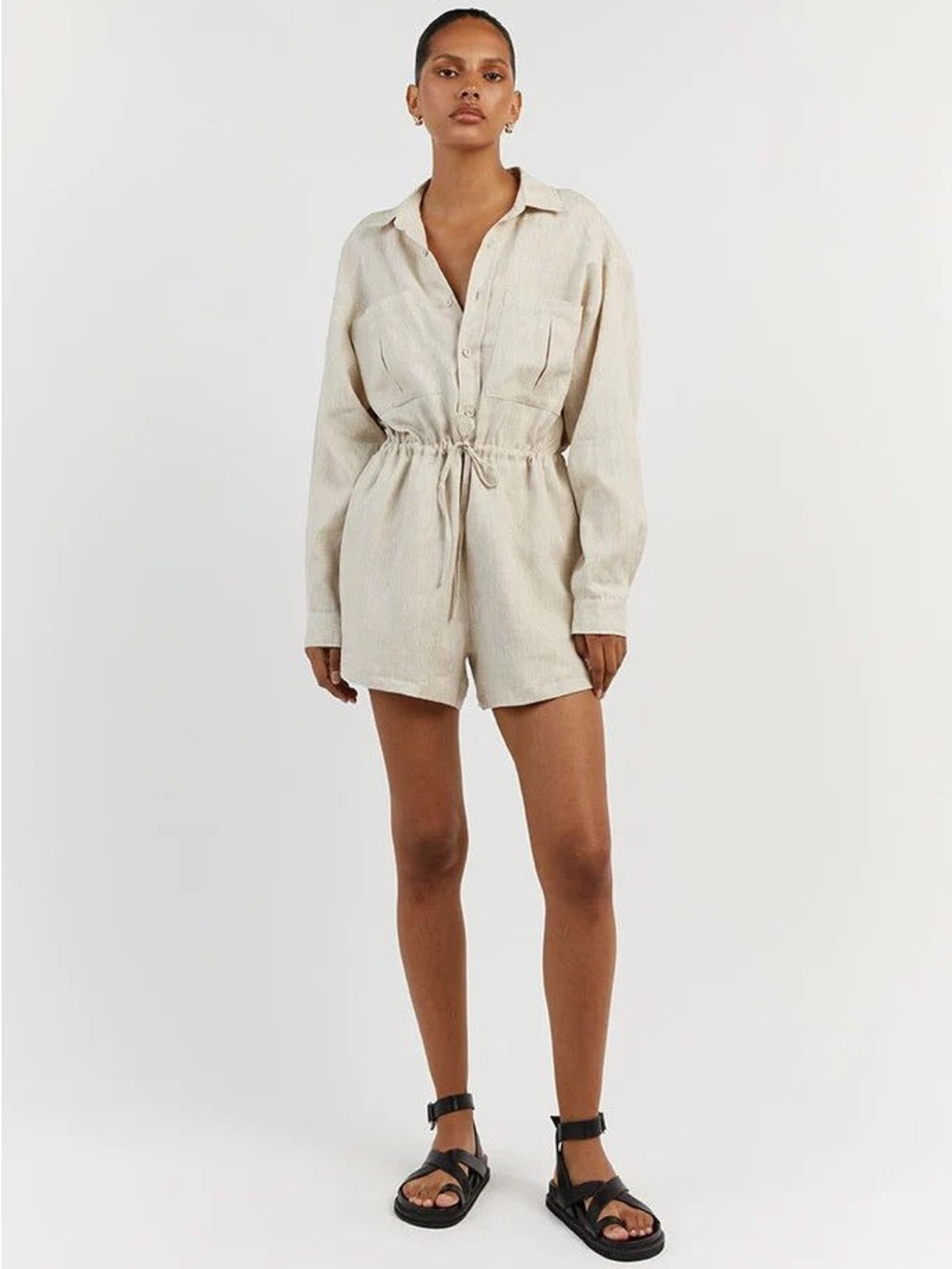 Dissh Maxie Natural Neutral 100% Linen Shirt Drawstring Romper, Size 10, Resort